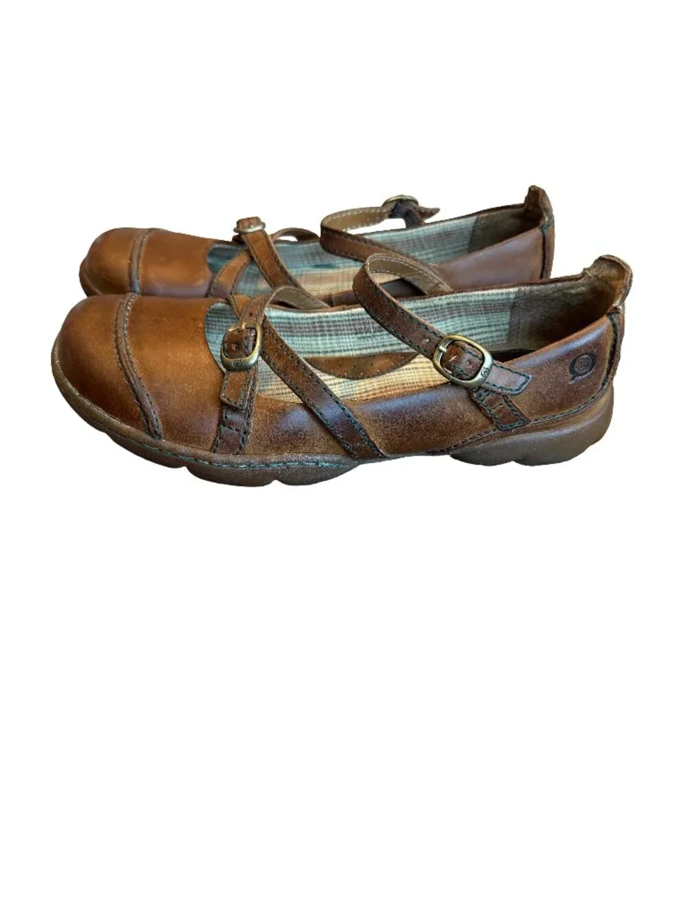 Born Brown Leather Mary Jane Flats Crisscross Strap Buckle Work Size 7.5 Women's